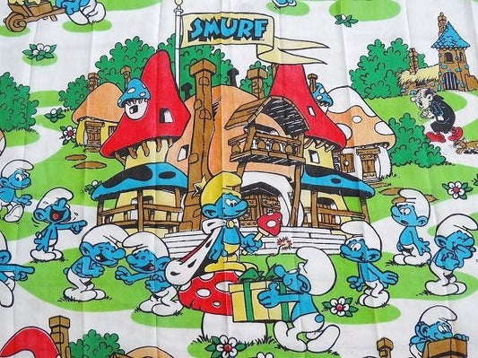 【スマーフ】SMURF・グリーンビレッジ柄・ヴィンテージ・カーテン/生地 USA