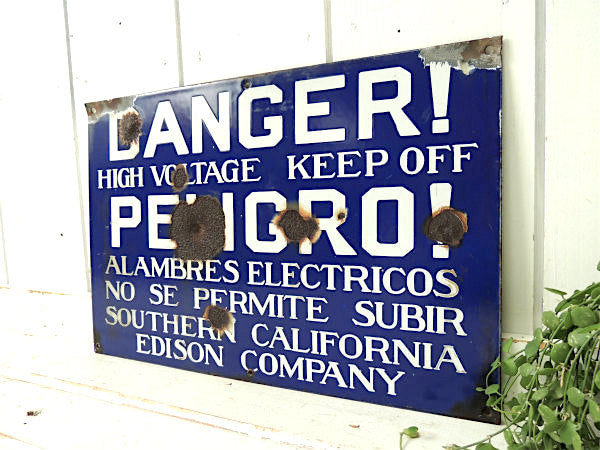 弾痕・DANGER! カリフォルニア・エジソン・カンパニー・看板・ヴィンテージ・ホーローサイン