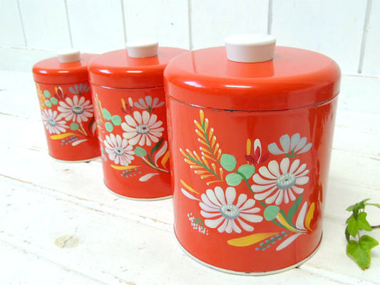 【ランズバーグ社】ハンドペイント・花柄・アンティーク・レッドキャニスター・3個/保存容器/フラワー