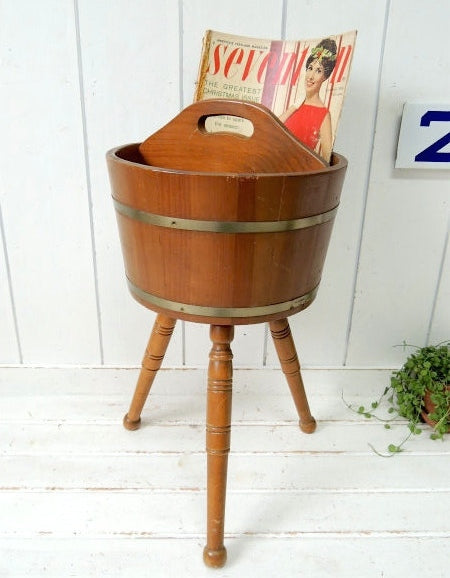 【アーリーアメリカン】樽型・木製・脚付き・アンティーク・ソーイングボックス/マガジンスタンド USA