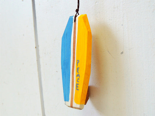 【PEACE】松田大児作・ブルー×イエロー・木製・ミニサーフボード・オブジェ㉑