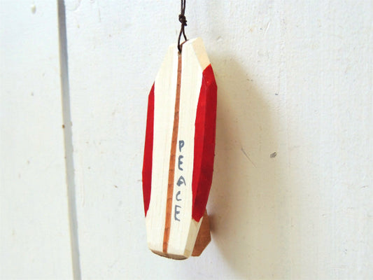 【PEACE】松田大児作・赤×アイボリー・木製・ミニサーフボード・オブジェ㉓