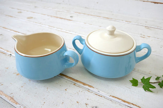 レトロ 水色 ブラウンライン セラミック ヴィンテージ シュガー&クリーマー 食器 コーヒー USA