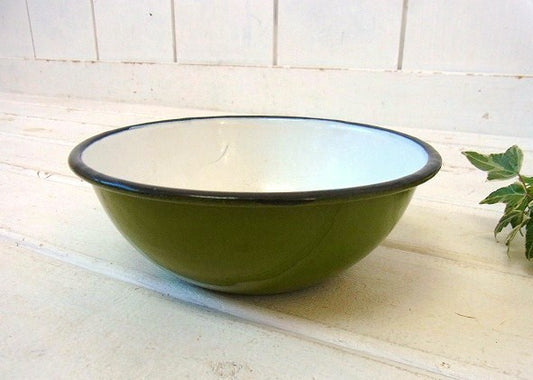 オリーブグリーン色・小さなアンティーク・ホーローボウル USA