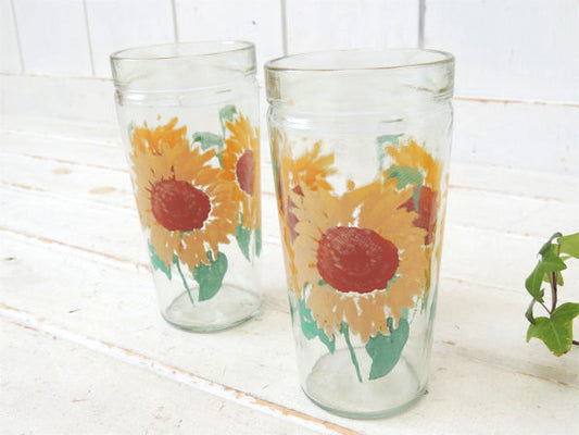 【アンカーホッキング】ひまわり柄・ヴィンテージ・グラス・タンブラー・2個セット USA