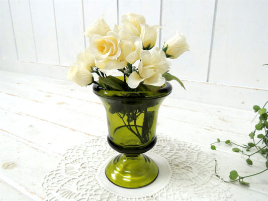 【ミッドセンチュリー】グリーンアンバー・USAガラス製・ヴィンテージ・フラワーベース・花瓶・脚付き