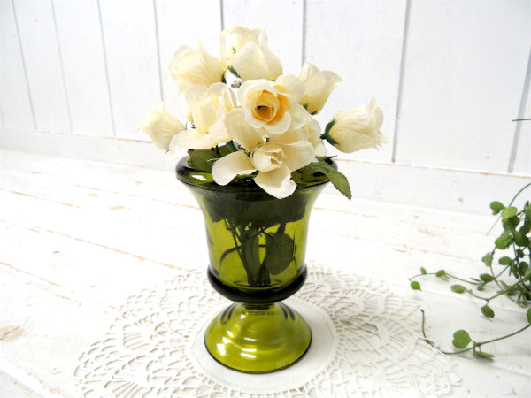 【ミッドセンチュリー】グリーンアンバー・USAガラス製・ヴィンテージ・フラワーベース・花瓶・脚付き