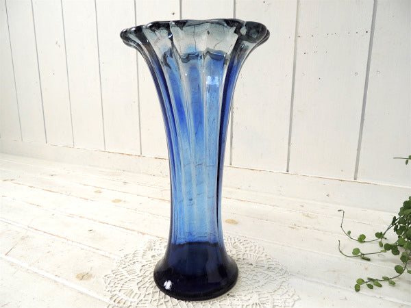 ミッドセンチュリー ブルー USA 吹きガラス アンティーク フラワーベース 花瓶