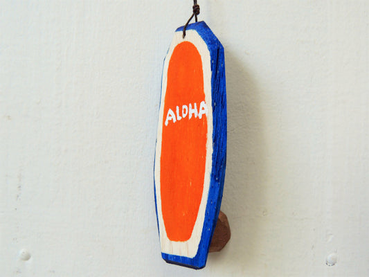 【ALOHA】松田大児作・ブルー×オレンジ・木製・ミニサーフボード・オブジェ⑪