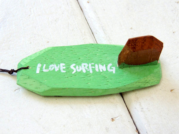 【I LOVE SURFING】松田大児・ミントグリーン・木製・ミニサーフボード・オブジェ⑮
