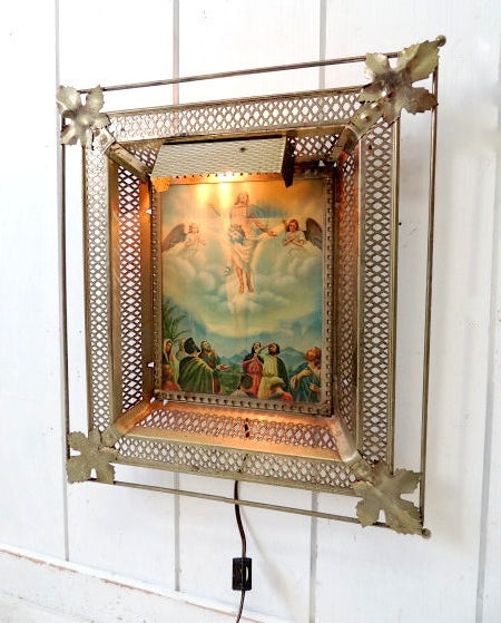 【十字架・キリスト・聖品】レンチキュラー・ライト付き・ヴィンテージ・ウォールデコ・壁飾り/電飾看板