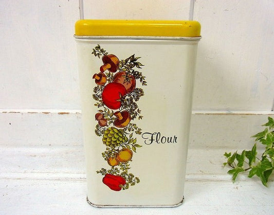 【CHEINCO社】Flour・ベジタブル柄・ティン製・アンティーク・キャニスター/ティン缶 USA