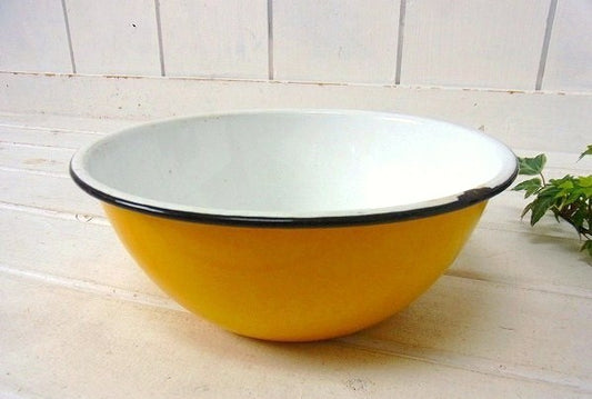 【イエロー】アンティーク・ホーロー製・ボウル・USA・キッチン雑貨