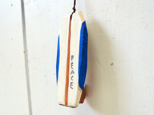 【PEACE】松田大児作・ホワイト×ブルー・木製・ミニサーフボード・オブジェ・アート