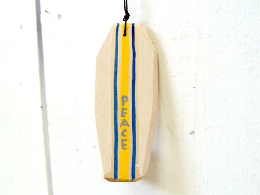 【PEACE】松田大児作・ホワイト×ブルー×イエロー・木製・ミニサーフボード・オブジェ・アート