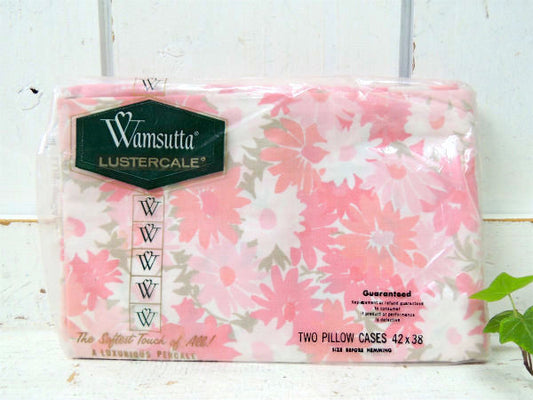 【Wamsutta】ピンク色の花柄・デッドストック・ヴィンテージ・ピロケース/枕カバー(2枚入り)