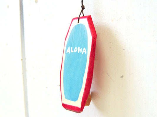 【ALOHA】松田大児・ワインレッド×水色・ハンドメイド・木製・ミニサーフボード・オブジェ