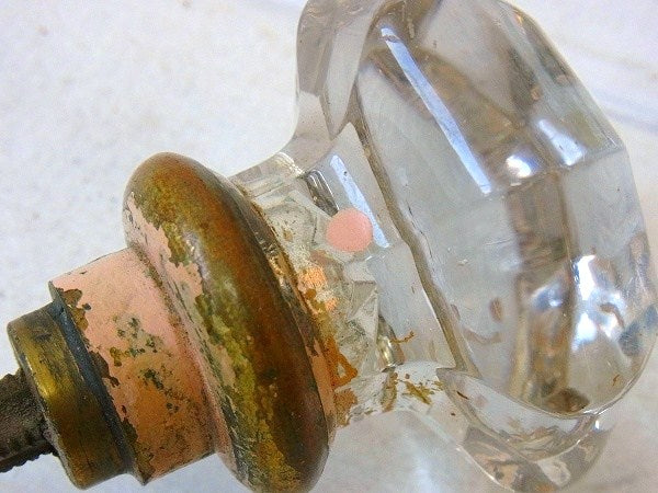 8角形のガラス製×真鍮製・アンティーク・ドアノブ USA