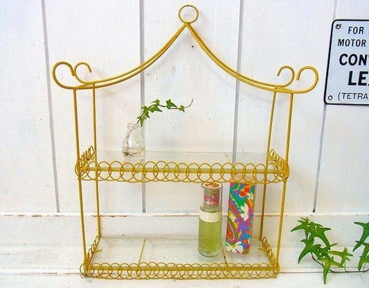 イエローのワイヤー・アンティーク・2段シェルフ/飾り棚/ウォールシェルフ USA