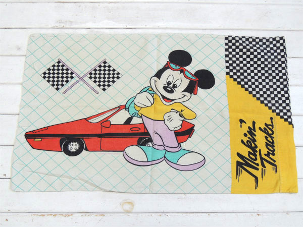 【ミッキーマウス】スポーツカー×チェッカーフラッグ・ヴィンテージ・ピロケース/枕カバー