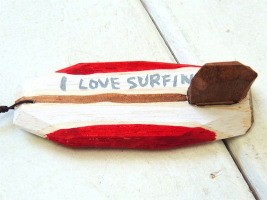 【PEACE】松田大児作・赤×アイボリー・木製・ミニサーフボード・オブジェ⑳