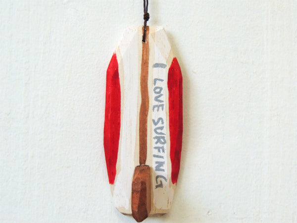 【PEACE】松田大児作・赤×アイボリー・木製・ミニサーフボード・オブジェ⑳