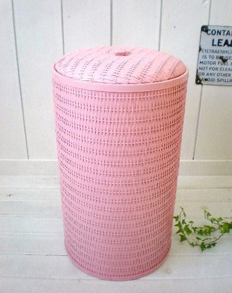 ピンク・筒型 ウィッカー編み・ヴィンテージ・ハンパー・洗濯カゴ