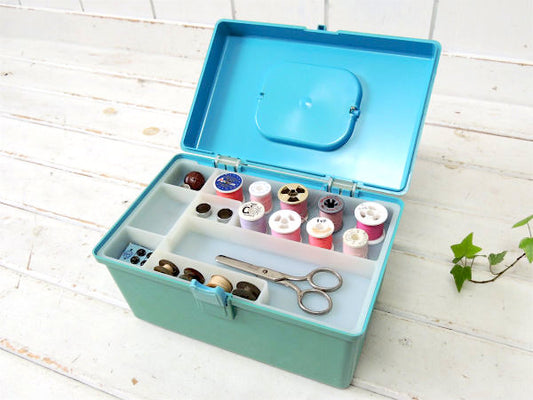 【WILSON】ターコイズブルー色・2段式・ヴィンテージ・ソーイングボックス/裁縫箱/手芸 USA