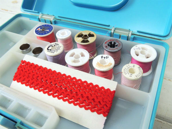 【WILSON】ターコイズブルー色・2段式・ヴィンテージ・ソーイングボックス/裁縫箱/手芸 USA