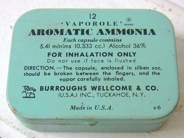 【AROMATIC AMMONIA】ターコイズブルー色の小さなヴィンテージ・ティン缶 USA