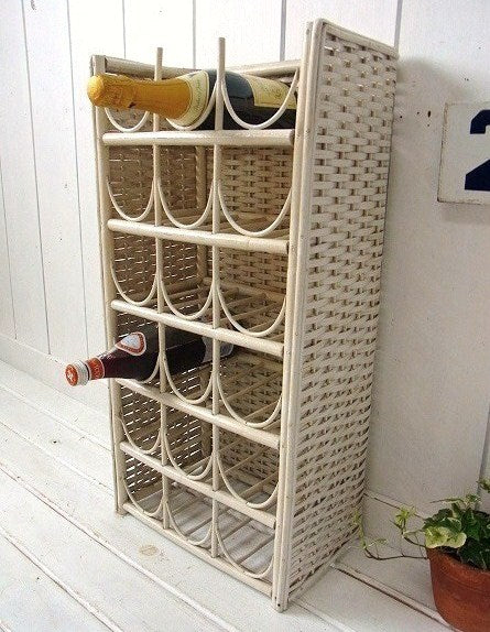 アイボリー色 木製 ウィッカー編み・ヴィンテージ・ボトルラック ワインラック USA