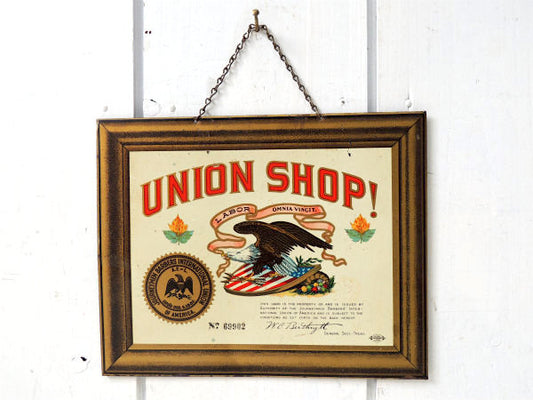 UNION SHOP!・BARBER・USAライセンスプレート・ビンテージサイン・30s~ブリキ看板