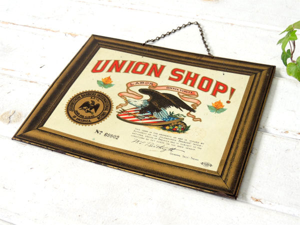 UNION SHOP!・BARBER・USAライセンスプレート・ビンテージサイン・30s~ブリキ看板