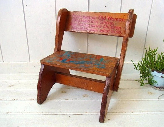 マザーグースの童謡イラスト入り・木製・アンティーク・子供イス/チャイルドチェア/踏み台 USA