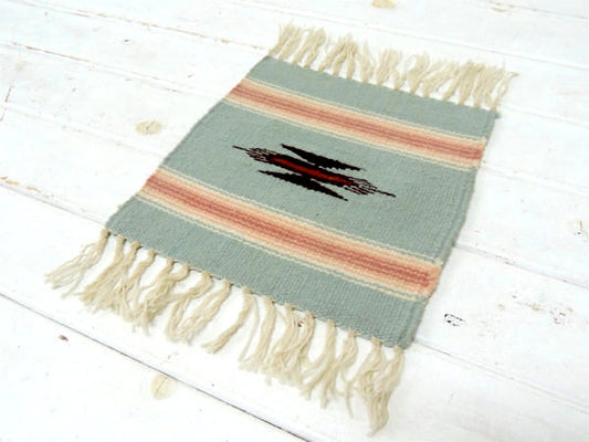 【ベビーブルー色・チマヨ柄】ヴィンテージ・ラグ・卓上アクセサリーマット・USA