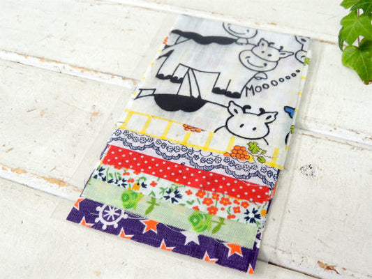 USA・牛柄&フラワー×ドット柄・ヴィンテージ・ファブリック・10cm角・はぎれ7枚セット/生地