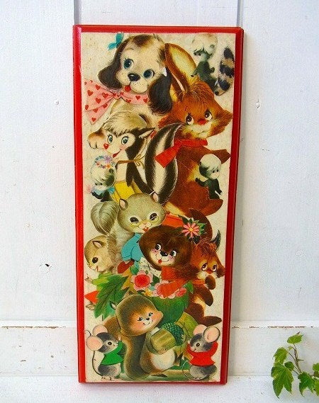 可愛いレトロな動物柄・貼り絵・木製・アンティーク・壁飾り/アート/ビンテージ