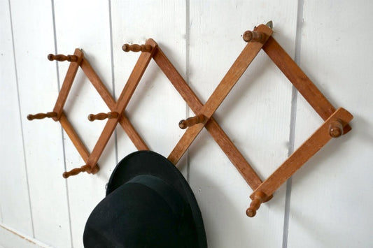 レトロ・木製・壁掛け・伸縮式・ヴィンテージ・ハットラック・コートフック・ウォールフック