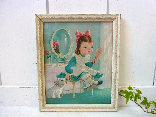 可愛い少女&犬の絵入りアンティーク・壁飾り/木製フレーム/額縁 USA