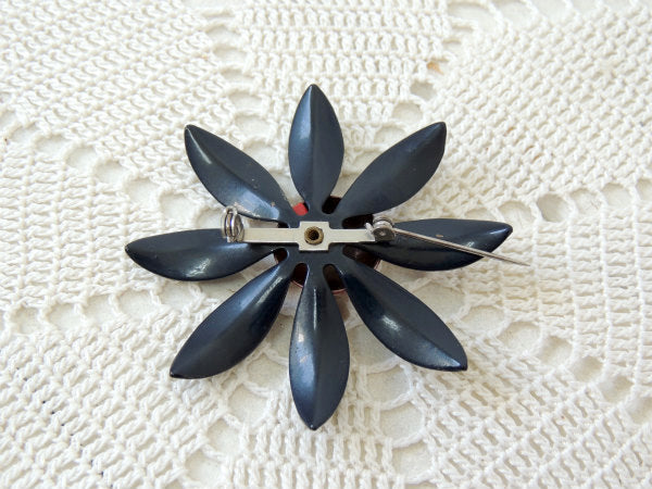 レトロ ネイビー×レッド フラワーモチーフ 60's ヴィンテージ ブローチ アクセサリージュエリー USA