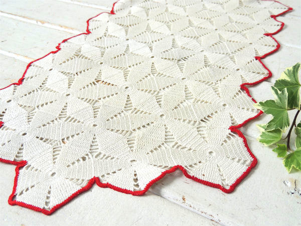レトロな花柄 手編み クロシェレース デッドストック ヴィンテージ ドイリー マット クロス 長方形 USA