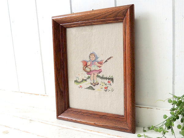US 少女とアヒル 木製フレーム・アンティーク・刺繍フレーム・サンプラー・ウォールデコ
