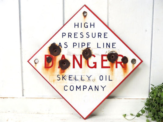 弾丸・弾痕・DANGER・USAスカリーオイル・看板・ヴィンテージ・ホーローサイン・アドバタイジング