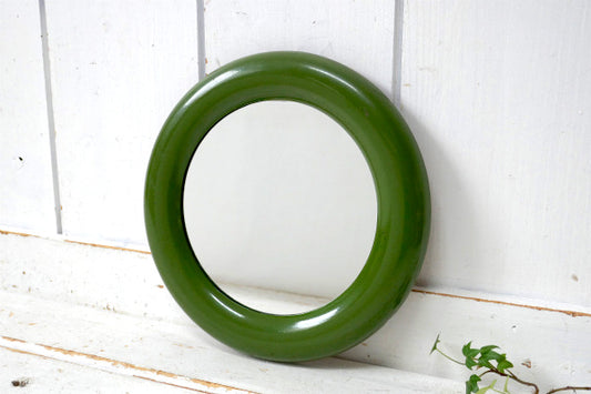 ミッドセンチュリー オリーブグリーン ラウンド型 ヴィンテージ ミラー 鏡 インテリア ウォールデコ