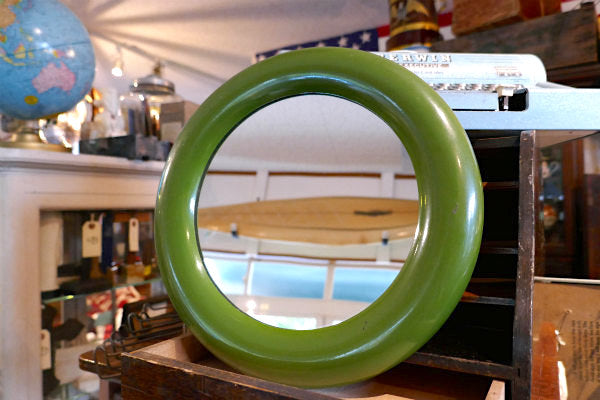 ミッドセンチュリー オリーブグリーン ラウンド型 ヴィンテージ ミラー 鏡 インテリア ウォールデコ