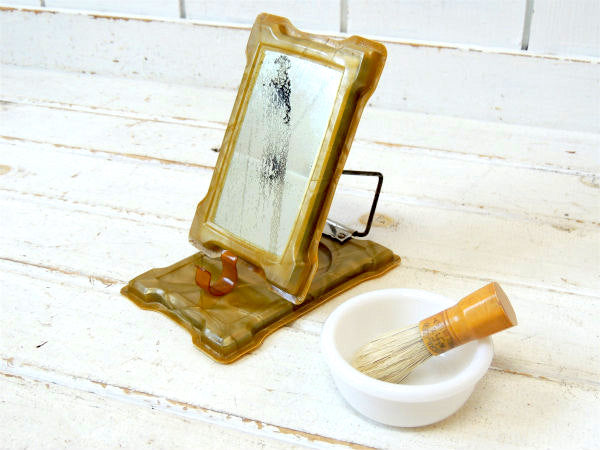 卍・sterilized BARBER ミラー+髭 ブラシ+ボウル・アンティーク・シェービングセット