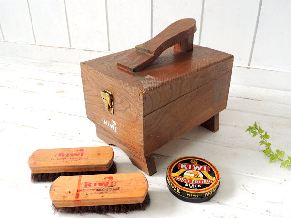 KIWI 木製・靴磨き・ヴィンテージ・道具入れ・シューシャイン ボックス・ブラシ・ポリッシュ付き