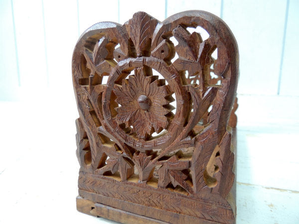ミッドセンチュリー フラワー 木製 花柄&リーフ彫刻 折り畳み式 ヴィンテージ ブックスタンド 本立て USA