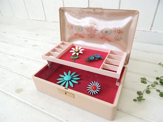 Farrington サーモンピンク 2段式 ヴィンテージ ジュエリーボックス ケース 宝石箱