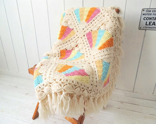 パステルカラー5色・モチーフ編み・ヴィンテージ・ニットブランケット・グラニーブランケット・大判
